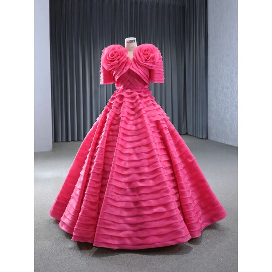 Detachable Sleeve Hot Pink Women Prom Party Dresses Tiered Special Party Gowns