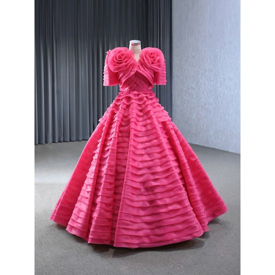 Detachable Sleeve Hot Pink Women Prom Party Dresses Tiered Special Party Gowns