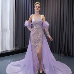 Detachable Sleeve Lavender Prom Dresses Black Girl Mermaid Evening Dresses Sequin Birthday Party Gowns