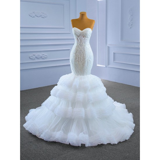 Detachable Sleeve Mermaid Wedding Dresses Ruffled Bridal Dresses Beading Vestidos De Novia