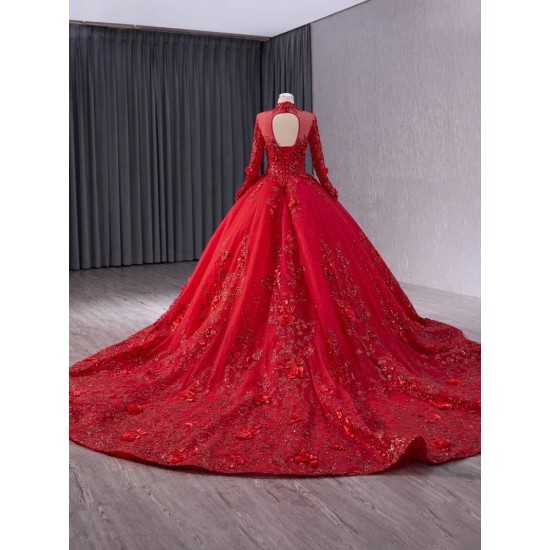 Elegant 3D Flowers Red Quinceanera Dress Appliques Lace Ball Gown Sweet 16 Gowns Birthday Long Sleeve Vestidos De 15 XV Anos