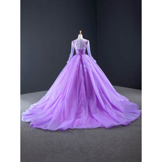 Elegant Lilac Prom Dresses For Women Party 2024 Long Sleeve Ball Gown Formal Evening Gowns