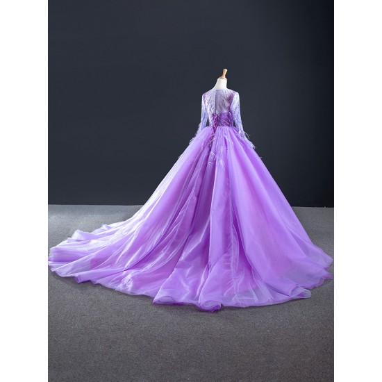 Elegant Lilac Prom Dresses For Women Party 2024 Long Sleeve Ball Gown Formal Evening Gowns