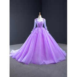 Elegant Lilac Prom Dresses For Women Party 2024 Long Sleeve Ball Gown Formal Evening Gowns