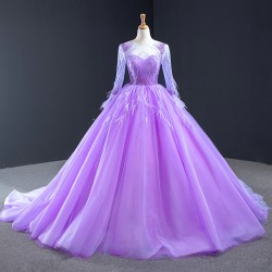 Elegant Lilac Prom Dresses For Women Party 2024 Long Sleeve Ball Gown Formal Evening Gowns