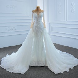 Elegant Mermaid Wedding Dress Long Sleeve Bridal Gowns Detachable Train Pearl Robe De Mariee