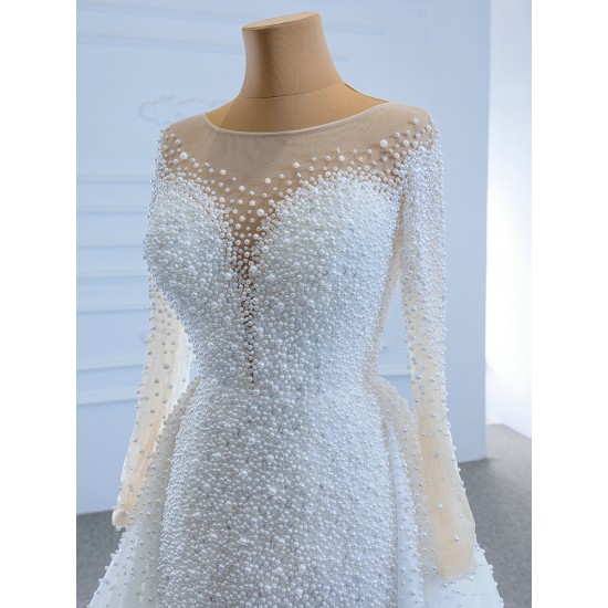 Elegant Mermaid Wedding Dress Long Sleeve Bridal Gowns Detachable Train Pearl Robe De Mariee