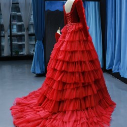 Elegant Red Long Prom Dresses For Women 2024 Tiered Evening Party Gowns Long Sleeve Vestidos De Gala