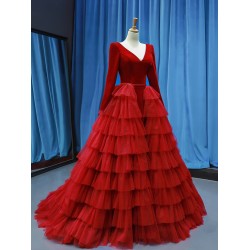 Elegant Red Long Prom Dresses For Women 2024 Tiered Evening Party Gowns Long Sleeve Vestidos De Gala