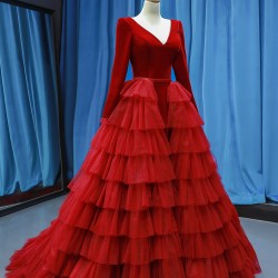 Elegant Red Long Prom Dresses For Women 2024 Tiered Evening Party Gowns Long Sleeve Vestidos De Gala