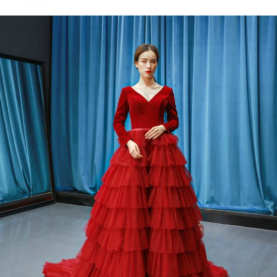 Elegant Red Long Prom Dresses For Women 2024 Tiered Evening Party Gowns Long Sleeve Vestidos De Gala