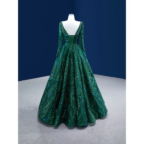 Emerald Green Prom Dresses Long Sleeve Square Collar Evening Gowns For Wedding Party Elegant Robe De Soiree