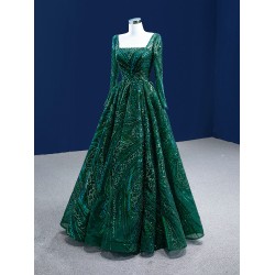 Emerald Green Prom Dresses Long Sleeve Square Collar Evening Gowns For Wedding Party Elegant Robe De Soiree