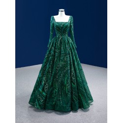 Emerald Green Prom Dresses Long Sleeve Square Collar Evening Gowns For Wedding Party Elegant Robe De Soiree