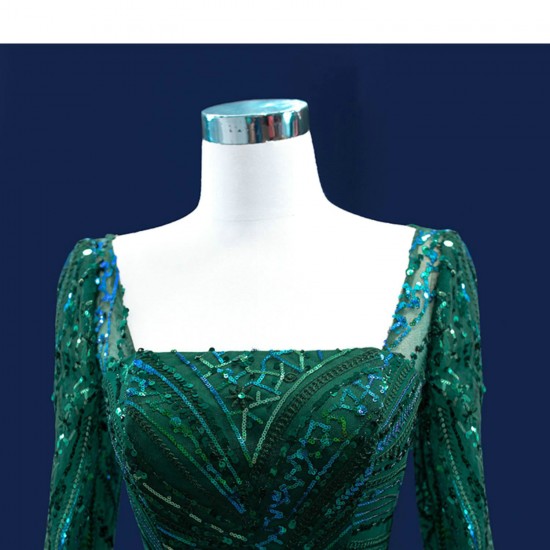 Emerald Green Prom Dresses Long Sleeve Square Collar Evening Gowns For Wedding Party Elegant Robe De Soiree