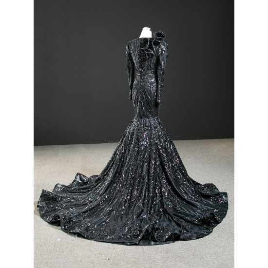 Exquisite Black Mermaid Long Sleeve Evening Dresses 2024 V Neck Beading Evening Prom Gowns