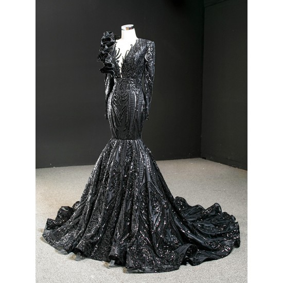 Exquisite Black Mermaid Long Sleeve Evening Dresses 2024 V Neck Beading Evening Prom Gowns