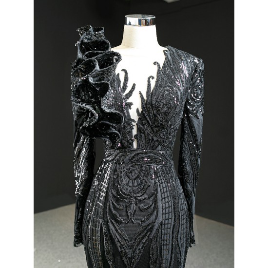 Exquisite Black Mermaid Long Sleeve Evening Dresses 2024 V Neck Beading Evening Prom Gowns