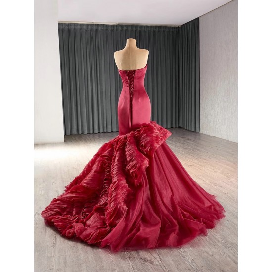 Exquisite Burgundy Mermaid Prom Dresses For Black Girl Sleeveless Evening Dresses Ruffled Birthday Party Gowns