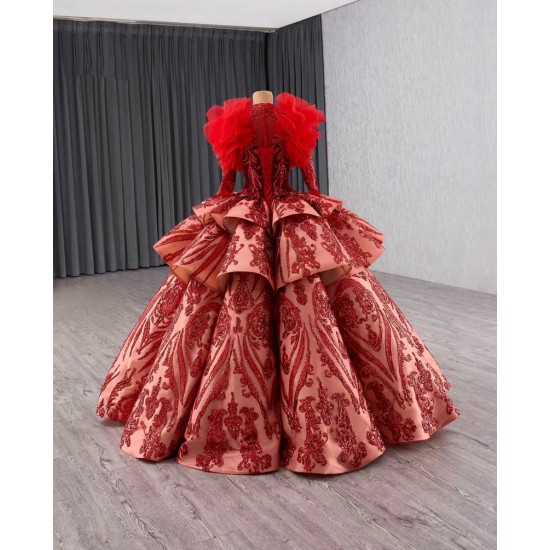 Fashion Red Evening Dress Long Sleeve Prom Gowns Tiered Sequin Costume Parties Gown