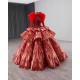 Fashion Red Evening Dress Long Sleeve Prom Gowns Tiered Sequin Costume Parties Gown