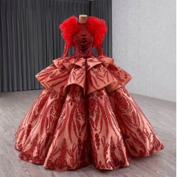 Fashion Red Evening Dress Long Sleeve Prom Gowns Tiered Sequin Costume Parties Gown