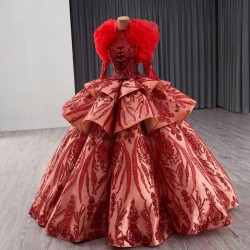 Fashion Red Evening Dress Long Sleeve Prom Gowns Tiered Sequin Costume Parties Gown