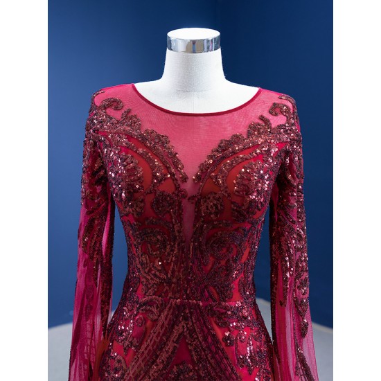 Fashion Burgundy Prom Dresses Cape Sleeve Sequin Gowns Scoop Neck Formal Evening Party Dress