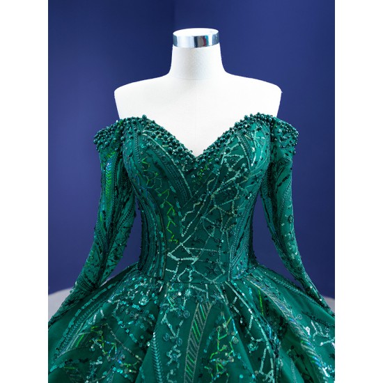 Floral Applique Emerald Green Quinceanera Dress Long Sleeve Beading Ball Gown Sweet 16 Cocktail Dresses Vestidos De Baile