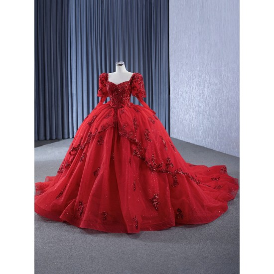 Floral Applique Off Shoulder Red Quinceanera Dress 2024 Glitter Long Sleeve Cocktail Dresses