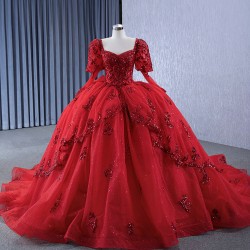 Floral Applique Off Shoulder Red Quinceanera Dress 2024 Glitter Long Sleeve Cocktail Dresses