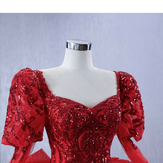 Floral Applique Off Shoulder Red Quinceanera Dress 2024 Glitter Long Sleeve Cocktail Dresses