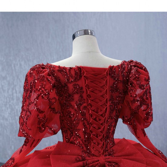 Floral Applique Off Shoulder Red Quinceanera Dress 2024 Glitter Long Sleeve Cocktail Dresses