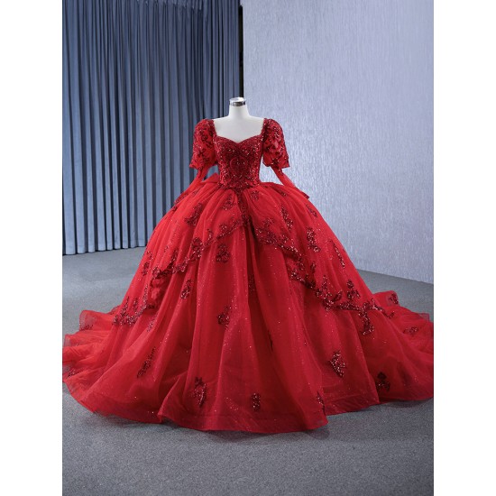 Floral Applique Off Shoulder Red Quinceanera Dress 2024 Glitter Long Sleeve Cocktail Dresses