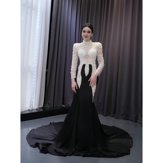 Fomral Prom Black On White Evening Dresses Long Sleeve Beadings Satin Party Prom Dress 2024 Mermaid