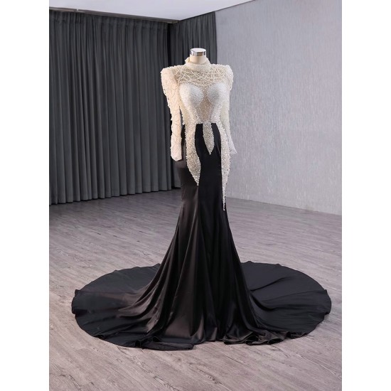 Fomral Prom Black On White Evening Dresses Long Sleeve Beadings Satin Party Prom Dress 2024 Mermaid