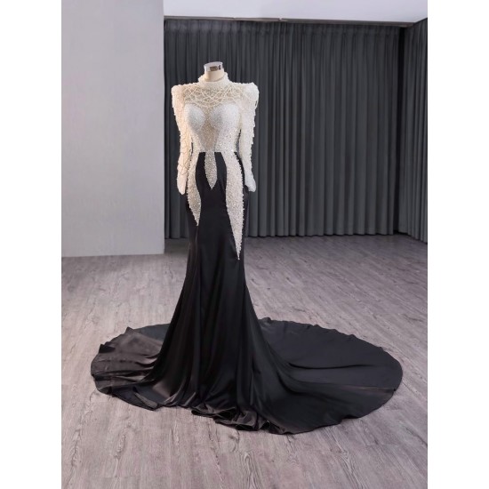 Fomral Prom Black On White Evening Dresses Long Sleeve Beadings Satin Party Prom Dress 2024 Mermaid