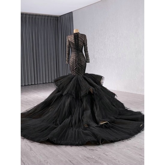 Formal Black Mermaid Prom Evening Dresses Long Sleeve Party Dress Tiered Cocktail Gowns