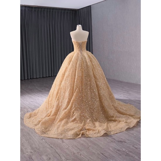 Formal Gold Prom Dresses A Line Sequin Evening Dress Strapless Night Cocktail Party Gowns Custom Size