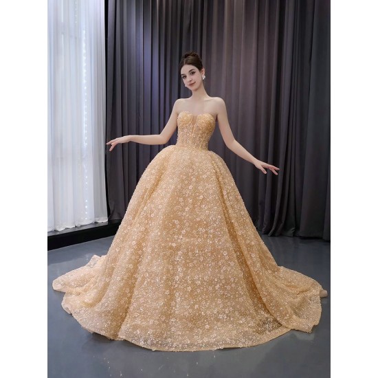 Formal Gold Prom Dresses A Line Sequin Evening Dress Strapless Night Cocktail Party Gowns Custom Size