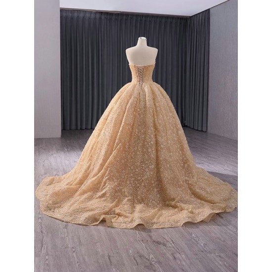 Formal Gold Prom Dresses A Line Sequin Evening Dress Strapless Night Cocktail Party Gowns Custom Size