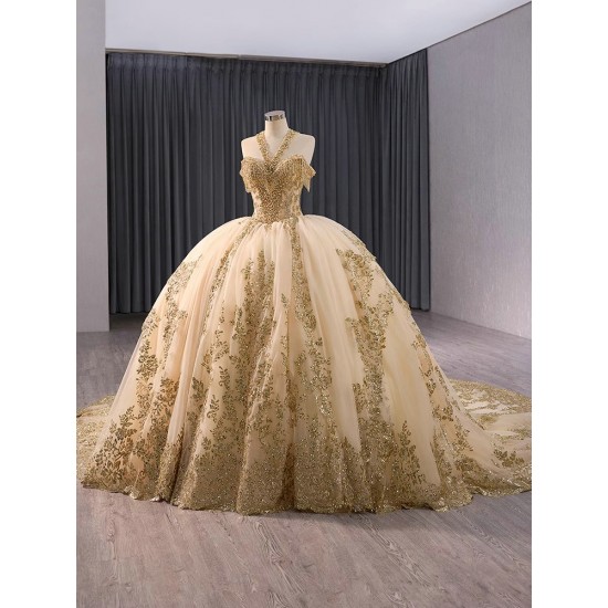 Glitter Champagne Quinceanera Dress Ball Gown Gold Lace Applique Beaded Sweet 16 Gown Corset Birthday Vestidos De 15 Anos