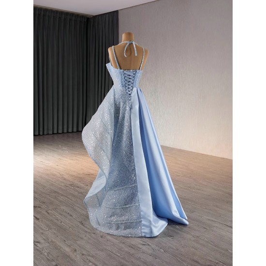 Glitter Ice Blue Mermaid Prom Dresses Black Girls Sequin Evening Party Gowns Sleeveless Evening Dresses