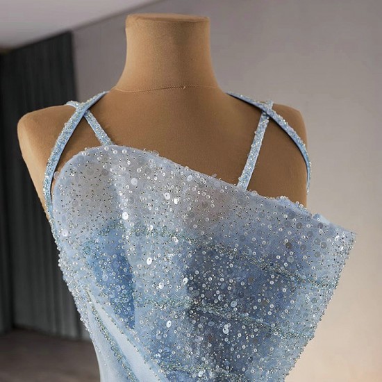 Glitter Ice Blue Mermaid Prom Dresses Black Girls Sequin Evening Party Gowns Sleeveless Evening Dresses