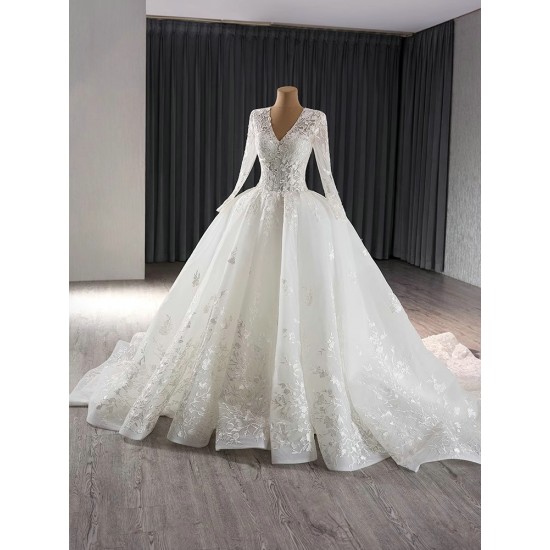 Glitter Lace Princess Wedding Dresses Long Sleeve Sequin V Neck Bridal Gowns Bride Dresses 2025