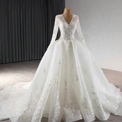 Glitter Lace Princess Wedding Dresses Long Sleeve Sequin V Neck Bridal Gowns Bride Dresses 2025