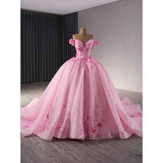 Glitter Pink Ballgown Strapless Floral Appliques Quinceanera Dress 2024 Off Shoulder Cocktail Dresses