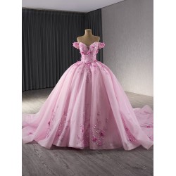 Glitter Pink Ballgown Strapless Floral Appliques Quinceanera Dress 2024 Off Shoulder Cocktail Dresses