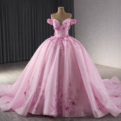 Glitter Pink Ballgown Strapless Floral Appliques Quinceanera Dress 2024 Off Shoulder Cocktail Dresses