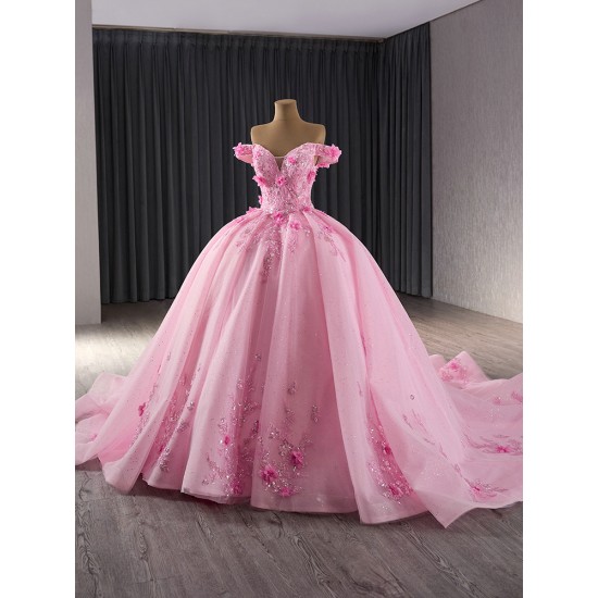 Glitter Pink Ballgown Strapless Floral Appliques Quinceanera Dress 2024 Off Shoulder Cocktail Dresses